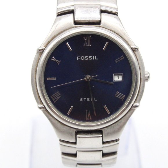 Vintage Fossil Steel Watch Mens Blue Dial Date Analog 36mm FS2701 Stainless Stee - Picture 3 of 8